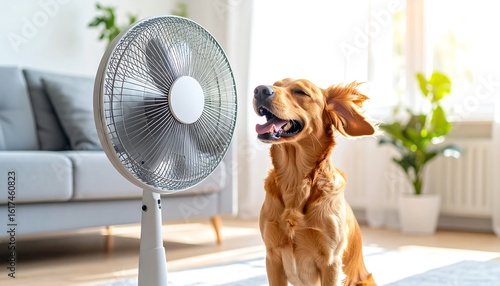 Golden retriever enjoying cool breeze from fan indoors