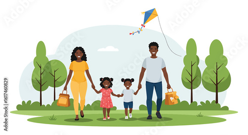 Family's Blissful Outing with Kite: A vibrant illustration depicts a cheerful family, full of joy, enjoying a bright day as they stroll through a picturesque park with a soaring kite overhead.