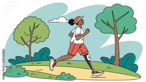 A woman with a prosthetic leg is running through a park, showcasing fitness, determination, and an active lifestyle in a natural setting