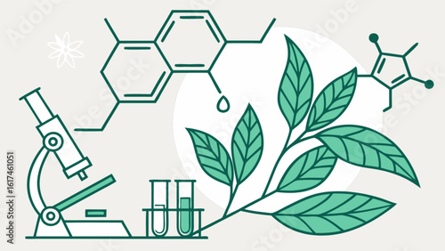 A microscope, test tubes, chemical molecules, and plant leaves are depicted, representing scientific research in biology, chemistry, and botany