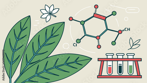 Plant leaves, test tubes, and chemical molecules are depicted, representing scientific research in biology, chemistry, and botany