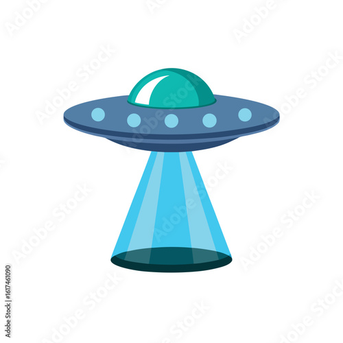 Cartoon ufo with blue beam on black background