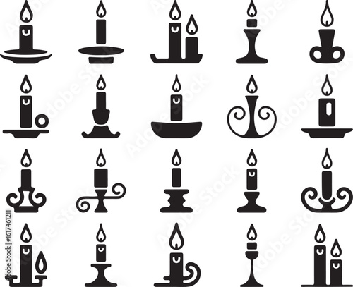 Various candle silhouettes with flames and holders candlestick