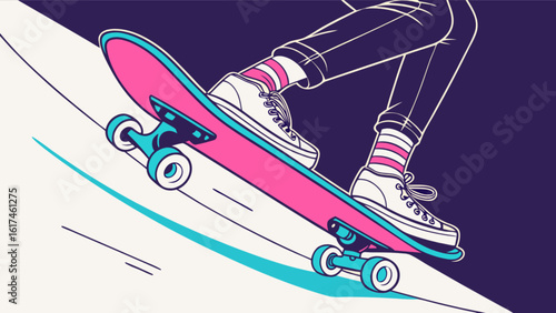 A skater rides a skateboard down a ramp in a retro cartoon style illustration