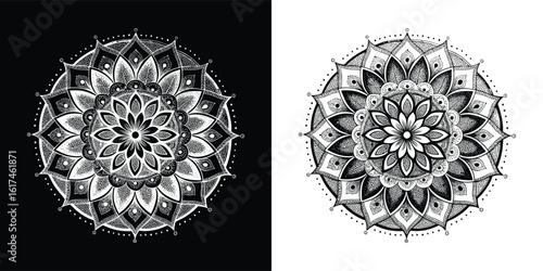 Intricate Hand Drawn Mandala with Floral Motifs and Dot Accents in Black and White for Spiritual Art and T Shirt Design