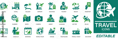 Travel icon set with clean, editable style. Includes icons for tourism, vacation, holiday, airport, luggage, hotel, passport, and more. Ideal for travel apps, websites, and tour agencies.