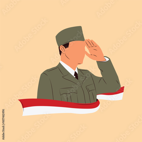 An illustration of an Indonesian historical figure in a military uniform saluting, with the national flag.