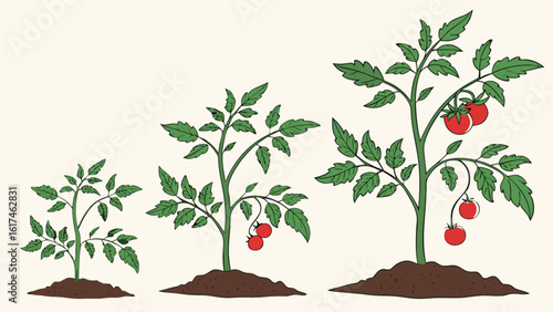 The tomato plant growth stages are depicted in an illustration, showcasing the development from seedling to mature plant with ripe tomatoes