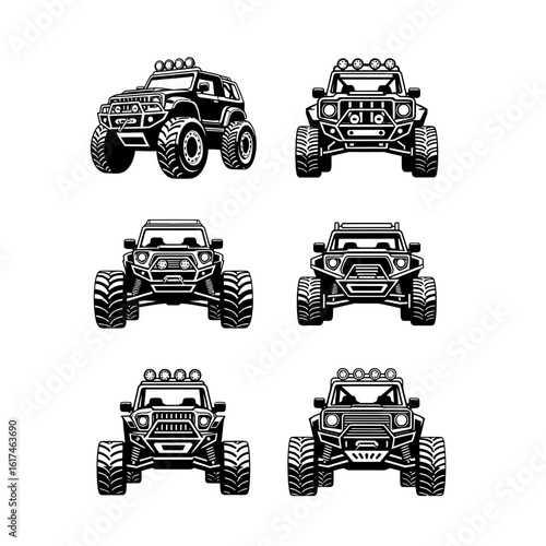 Six Black and White OffRoad Vehicle Illustrations with Oversized Tires and Roll Cages