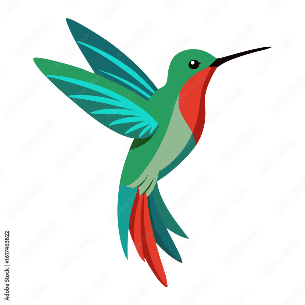 Obraz premium Stylized hummingbird with vibrant green red and teal feathers in flight
