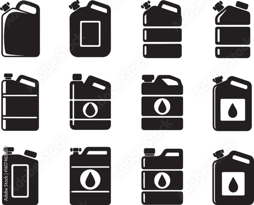 Black silhouette jerrycans with liquid drop symbols canister fuel