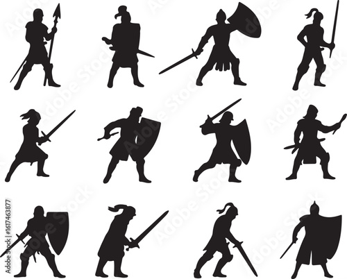Black silhouette medieval warriors swords shields knights soldiers