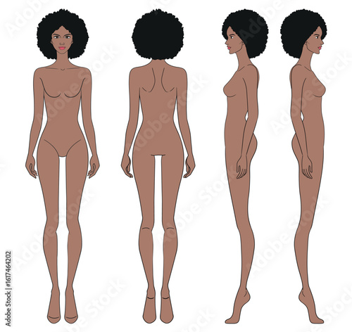 Colored fashion croquis figurines front side back view with brown skin afro hair woman in vector.