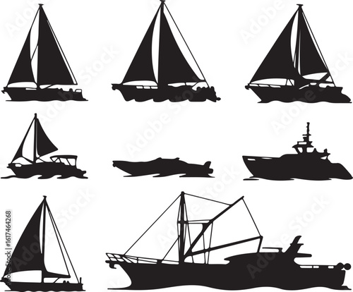 Diverse watercraft silhouettes sailing on water sailboat yacht