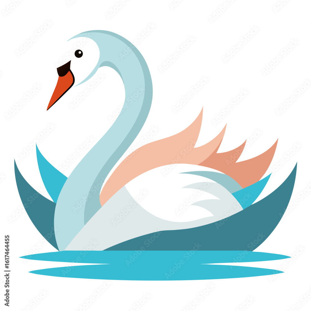 Fototapeta premium Stylized illustration of a graceful white swan swimming in calm blue water