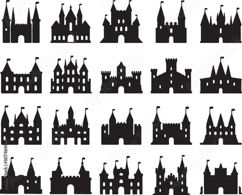 Fantasy castles with towers and flags silhouette medieval castles fantasy architecture