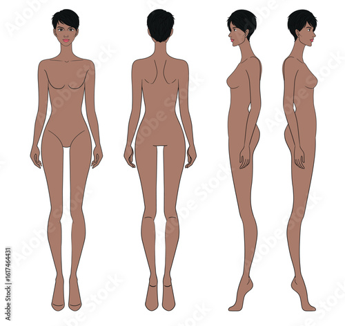 Colored fashion croquis figurines front side back view with brown skin short hair woman in vector.