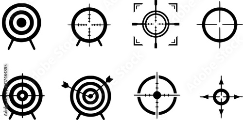 Target and aim icon set, crosshair, bullseye vector, precision, accuracy, and focus icon for aiming, archery, shooting, or navigation
