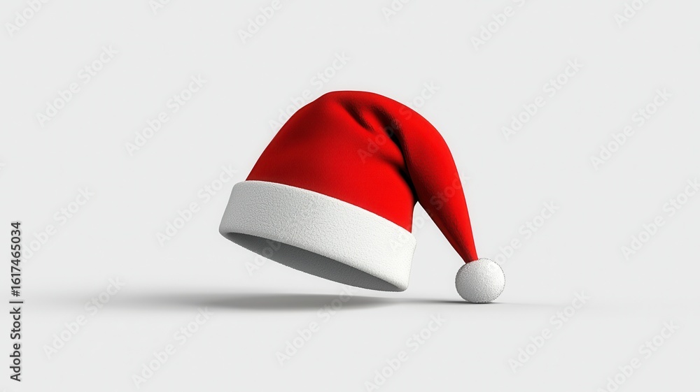 Red santa claus hat with white fur trim leaning on a minimalist white background, evoking christmas spirit Red santa claus hat with white fur trim leaning on a minimalist white background, evoking christmas spirit