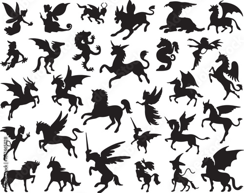 Mythical creatures winged horses dragons unicorns silhouette