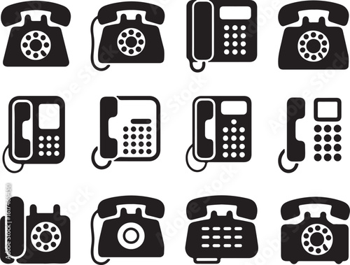 Vintage rotary and modern push button telephone silhouettes communication