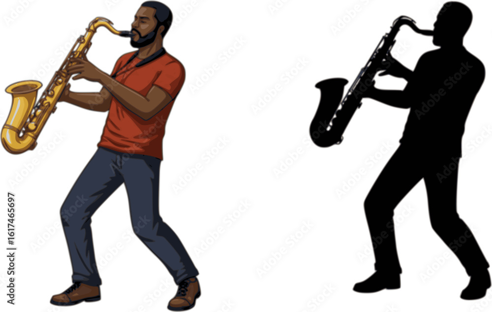 Naklejka premium musician plays saxophone illustration and silhouette - vector 