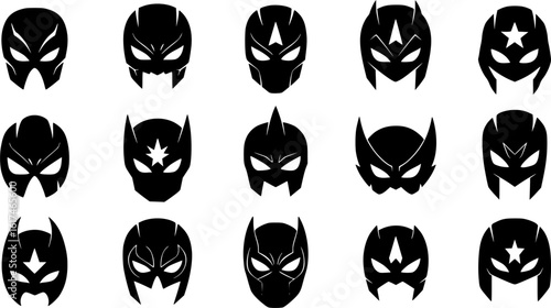 Collection of black superhero masks icons for costume party or masquerade events.
