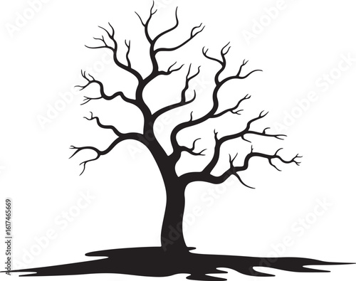 Bare deciduous tree silhouette with gnarled branches and sprawling roots vector