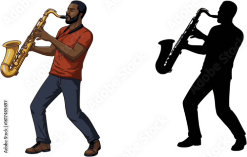 musician plays saxophone illustration and silhouette - vector
