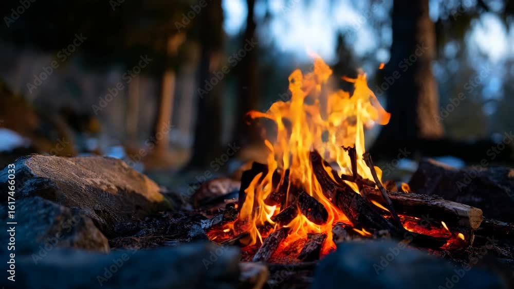 A cozy campfire burning brightly in the forest during the night, with the vibrant flames illuminating the surrounding area A cozy campfire burning brightly in the forest during the night, with the vibrant flames illuminating the surrounding area
