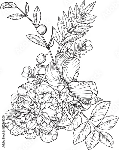 Flowers bouquet lineart composition, surrounded by layered leaves and tiny buds. Intricate lines convey depth, grace, and quiet botanical sophistication
