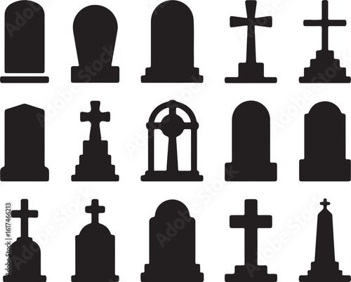 Black silhouette gravestones and crosses on white background tombstone cemetery