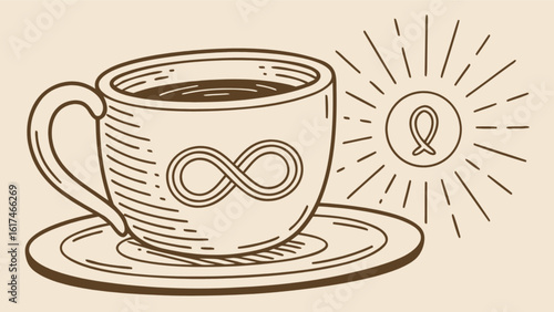 Illustration of a coffee cup with the infinity symbol, representing a vintage and retro style hot beverage with eternal and limitless possibilities