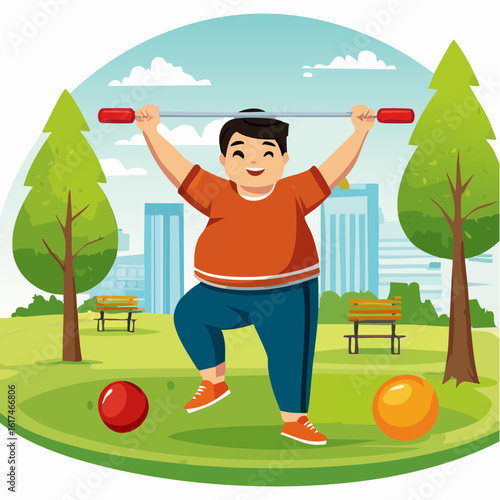An illustration of a man performing exercises on parallel bars in a park setting with city buildings in the background, symbolizing outdoor fitness, a health journey, and active lifestyle.