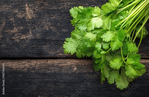 Fresh cilantro sprigs on dark wooden planks
