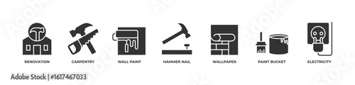Home Makeover Essentials Icons set vector illustration glyph with Renovation, Carpentry, Wall paint, Hammer nail, Wallpaper, Paint bucket, Electricity