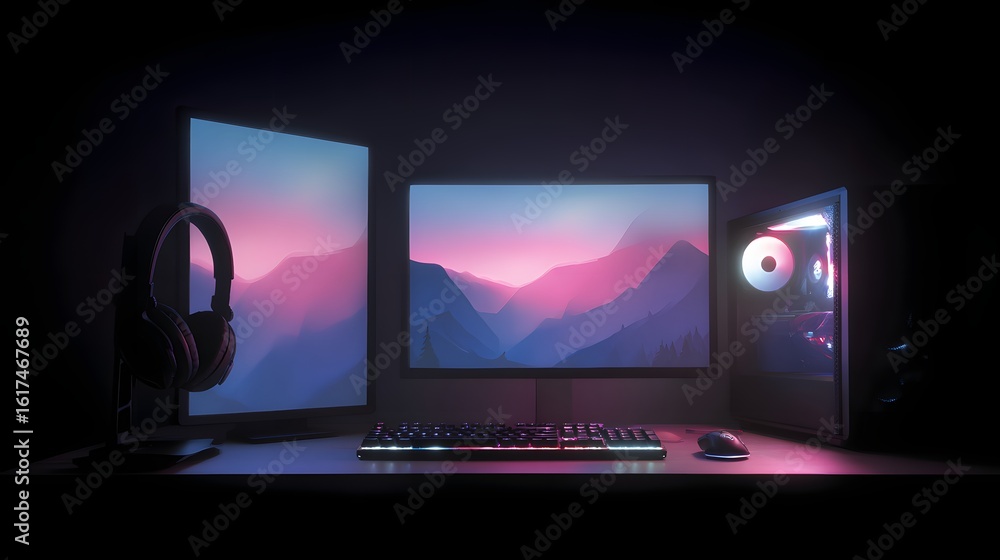 Fototapeta premium Gaming setup illuminated by vibrant colors.