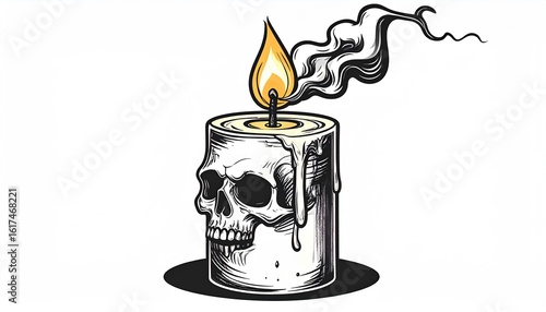 A candle with a skull carved into its side, burning with a flame and emitting smoke.