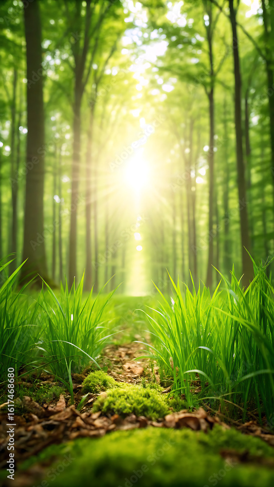 Fototapeta premium Sunlight streams through lush green forest canopy illuminating a mossy path leading into the vibrant woods