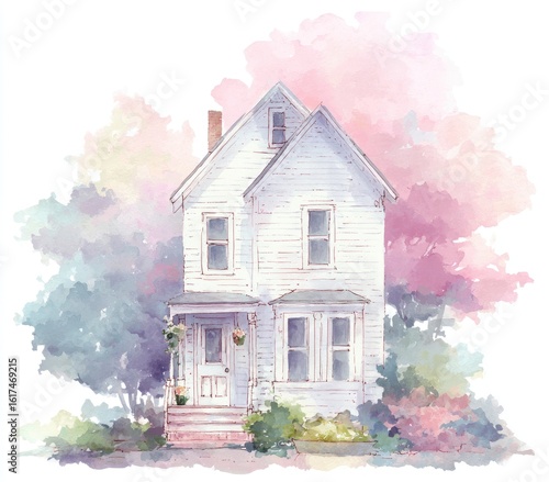 Watercolor painting of a charming, light-gray house with soft pastel trees and bushes