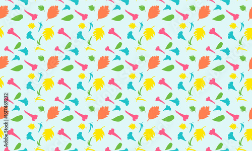 A vibrant and playful seamless pattern featuring stylized leaves, flowers, and grassy elements in various bright colors against a light blue background. Great for textiles, wallpaper,  digital design