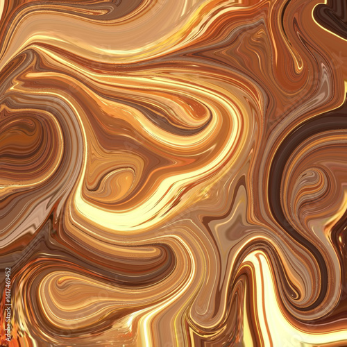Rich swirls of brown, gold, and cream in a molten abstract design, resembling chocolate or caramel flow. Ideal for food-inspired art. Swirl, caramel, abstract, molten, rich.