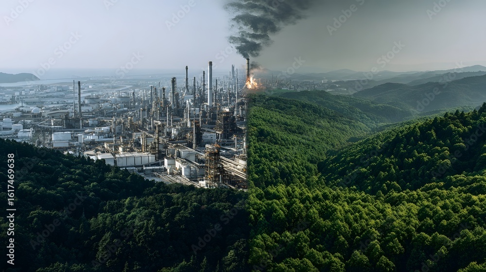 Fototapeta premium A split landscape industry and nature in contrast