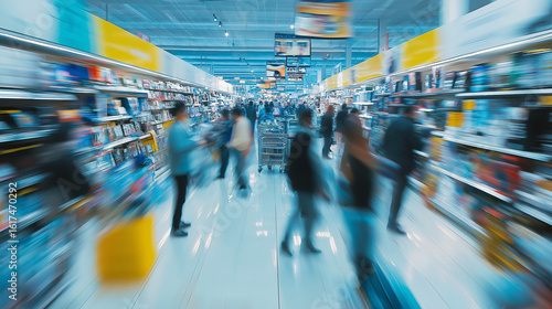 Busy supermarket aisle full of people in motion blur