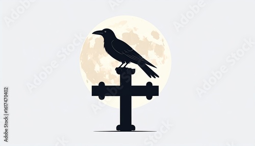 Silhouette of a crow perched atop a cross, set against a full moon in the background.