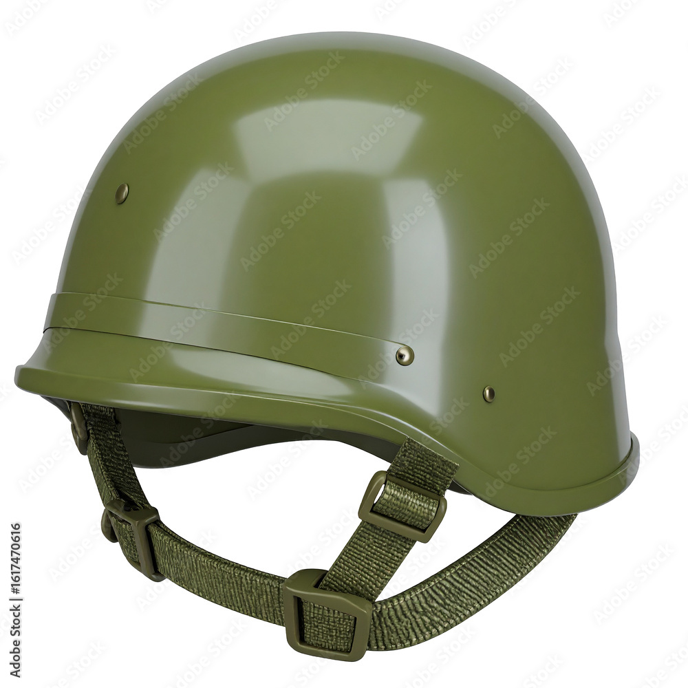 Fototapeta premium Military Green Helmet Isolated On White Background: A close-up shot of a sturdy military helmet, its glossy green surface reflecting the promise of safety, discipline