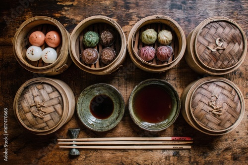 Assorted dim sum in bamboo steamers on a rustic wooden table