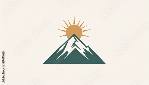 A minimalist illustration of a green mountain peak with a golden sun rising behind it, set against a light background.