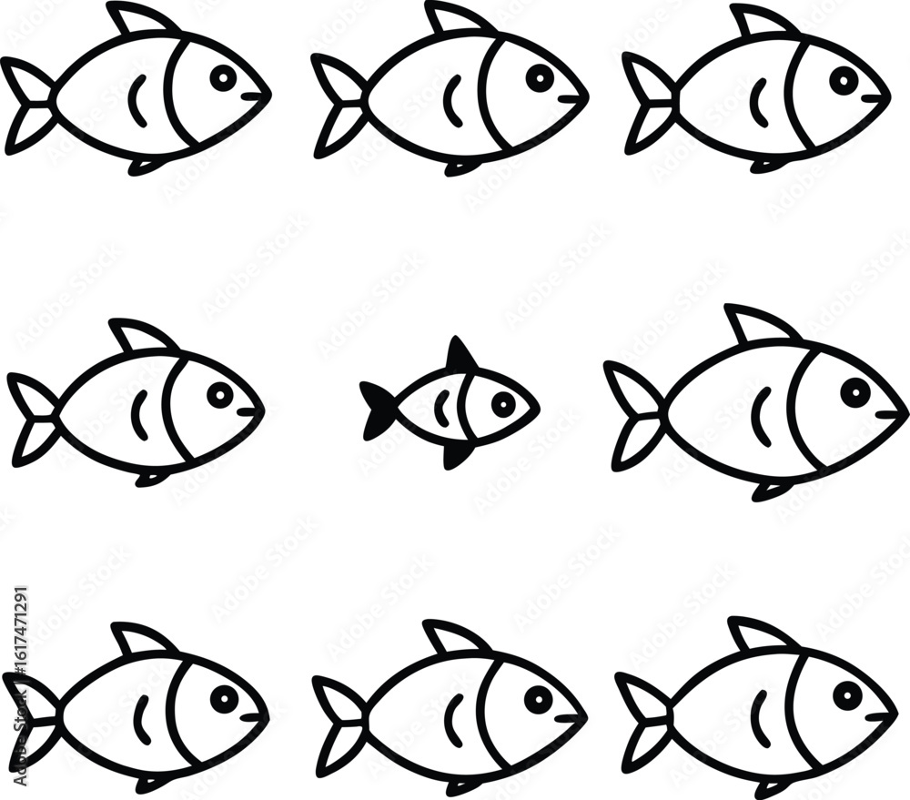 Fototapeta premium Nine Large Fish and One Small Fish: Bold Black Line Art Illustration