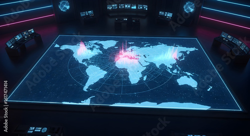 Futuristic control center monitoring global cyber network and data flow
